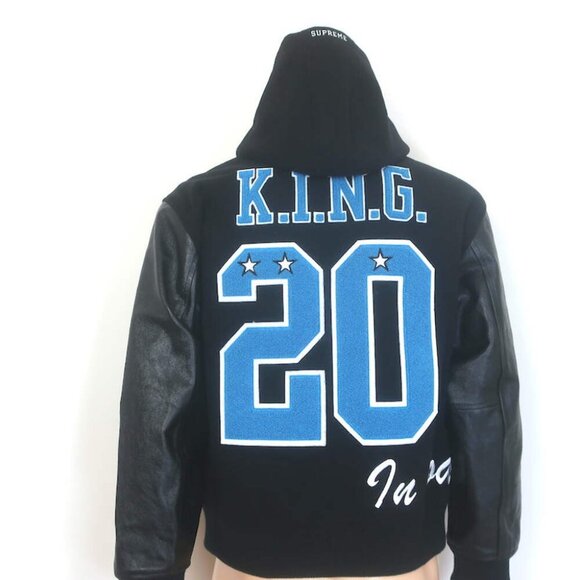 Supreme King Leather-Sleeve Hooded Varsity Jacket Black Size Medium - Picture 5 of 10
